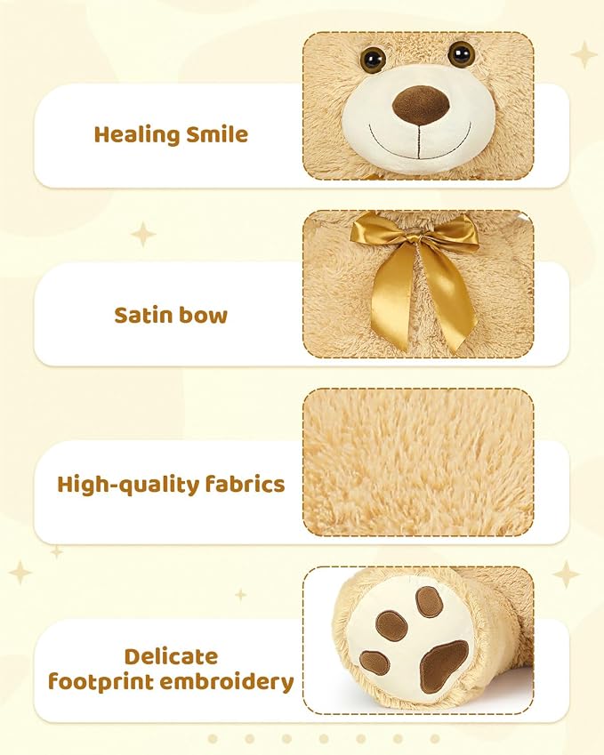 MaoGoLan Giant Teddy Bear Stuffed Animal, 39" Large Tan Teddy Bear Plush Toy with Cute Bow Tie & Footprints, Soft Sunggle Bear Plushies Gift for Kids Grilfriend Wife on Christmas Birthday Baby Shower