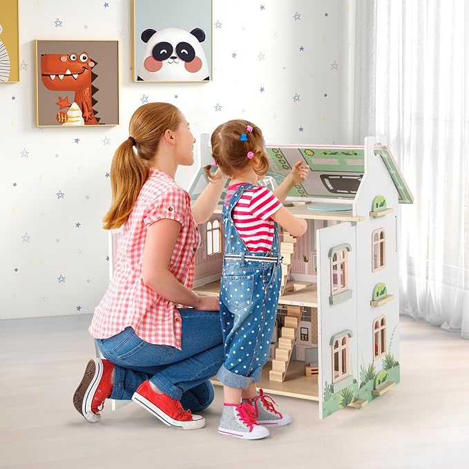 HONEY JOY Doll House, 3-Story Wooden Dollhouse Playset w/Double-Sided Roofs, 5 Rooms, 19 Accessories & Miniature Furniture, Pretend Play Toddler Big Doll House, Gift for Kids Aged 3+ (Pink, 2.2 FT)