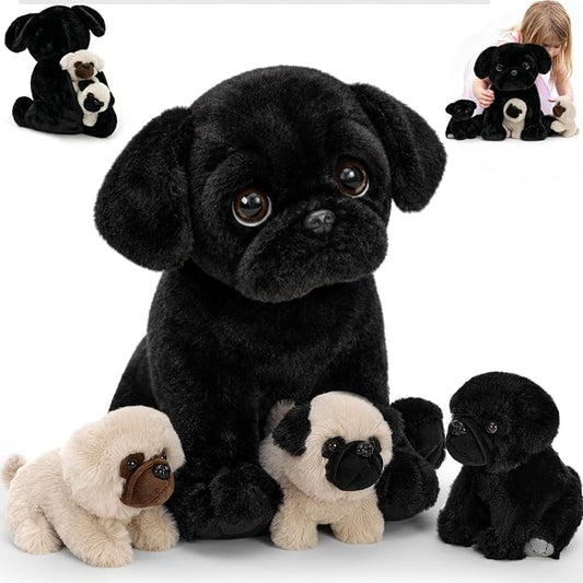MorisMos Pug Stuffed Animal with Babies Inside, 14" Mommy Stuffed Pug with 3 Baby Puppies, 4Pcs Interactive Soft Cuddly Dog for Kids, Dog Lovers, Birthday Christmas Baby Shower Room Decor