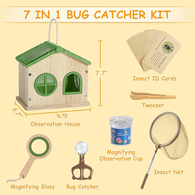 SainSmart Jr. Bug Catcher for Kids - Wooden Bug Habitat with Magnified Viewer, Butterfly Net, Observation Box, Tweezers & 15 Cards, Outdoor Toys & STEM Toys for Boys & Girls Ages 3+, Green