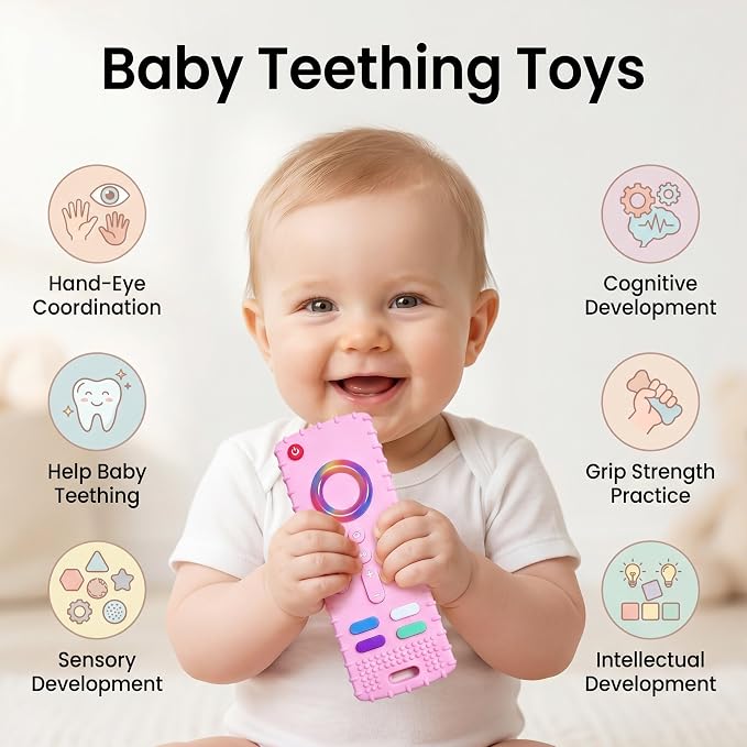 SOLIFEGOBLE Silicone TV Remote Teething Toy, BPA-Free Food Grade Teether for Babies 6-24 Months, Soft Chew Toy with Textured Buttons, Teething Relief & Sensory Play (Pink)