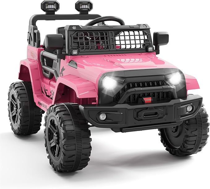 Hetoy 12V Ride on Toys with Parent Remote Control Toddler Electric Vehicle with Spring Suspension, LED Lights, Bluetooth, Music Player, 3 Speeds Ride on Car Truck for Kids Age 3-8 (Pink)