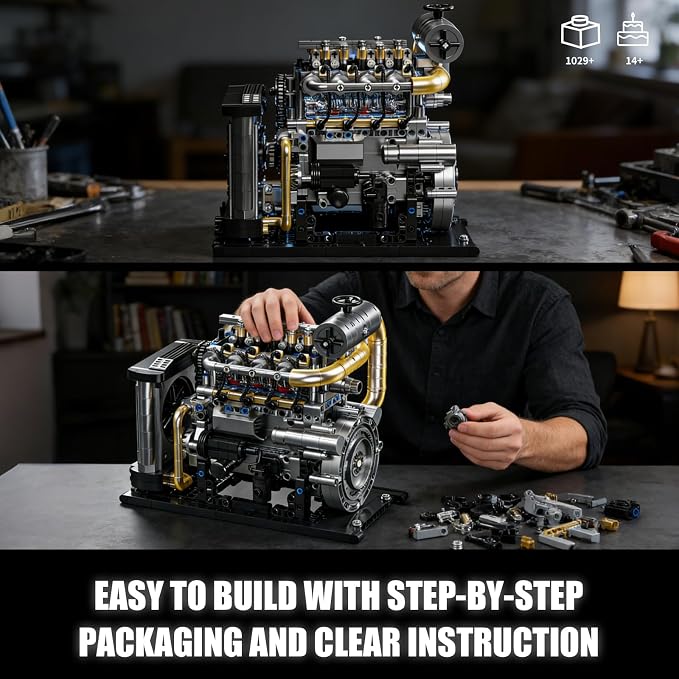 Diesel Engine Model Kit that Runs for Adults, MOC Mini Inline 4-Cylinder Diesel Engine Building Set with Motor, Compatible with Lego, Mechanical Engineering STEM Toy for Teens (1029 PCS)