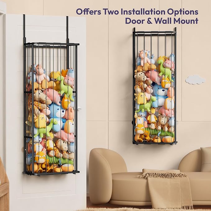 SWTYMIKI Hanging Stuffed Animal Storage - Over Door Large Plush Toy Organizer, Wall Mounted or Corner Stuffie Storage for Nursery, Doll & Bear Plush Organizer for Kid Room Bedroom (Black, 3-Tier)