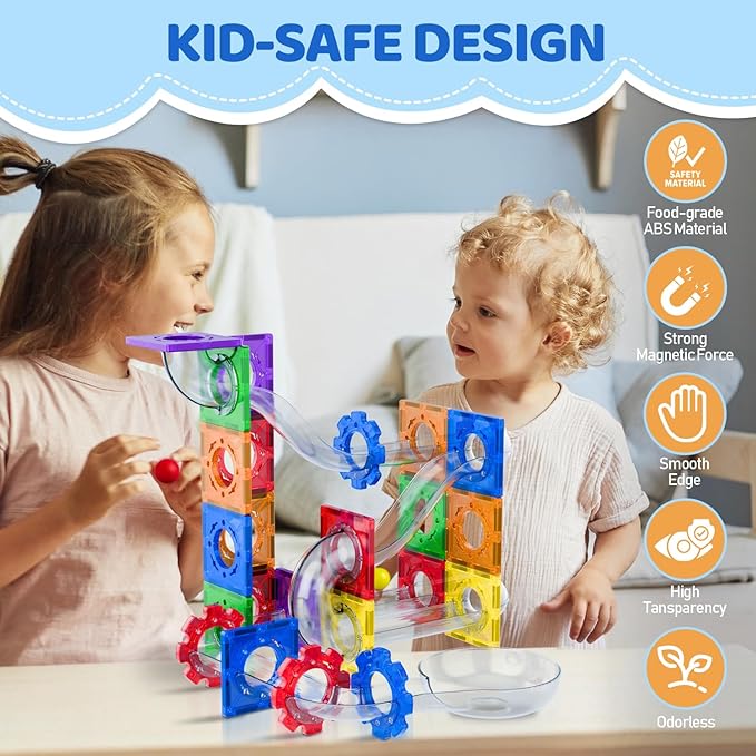 Magnetic Tiles, 72 PCS Magnetic Marble Run Building Blocks – STEM Toy for Kids Ages 3-8 | 3-in-1 Building Set with Tiles, Race Tracks & Marble Runs for Creative Learning & Imaginative Play