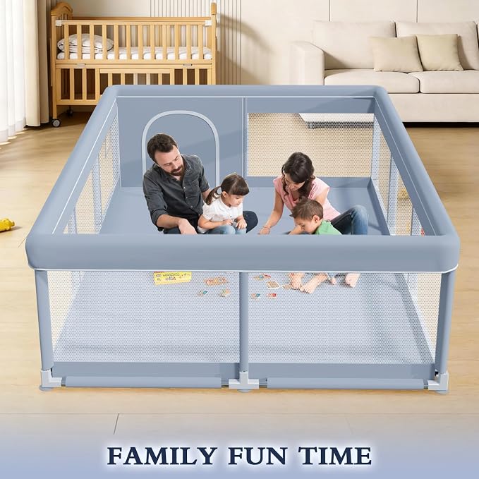 XVISHX 74 x 50 Inch Baby Playpen, Playpen for Babies and Toddlers, Baby Play Pen Playard for Indoor & Outdoor Active Center Game Fence, with Skin-Friendly Fabric and Soft Breathable Mesh, Grey
