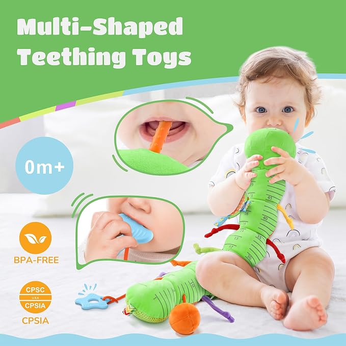 AWOTOY Baby Sensory Toys Music Caterpillar Plush Infant Toys 0 6 12 Months | Stuffed Animals Tummy Time Teething Toys with Mirror Pull String Rattle Baby Toys for Newborn Boy Girl Shower Birthday Gifts