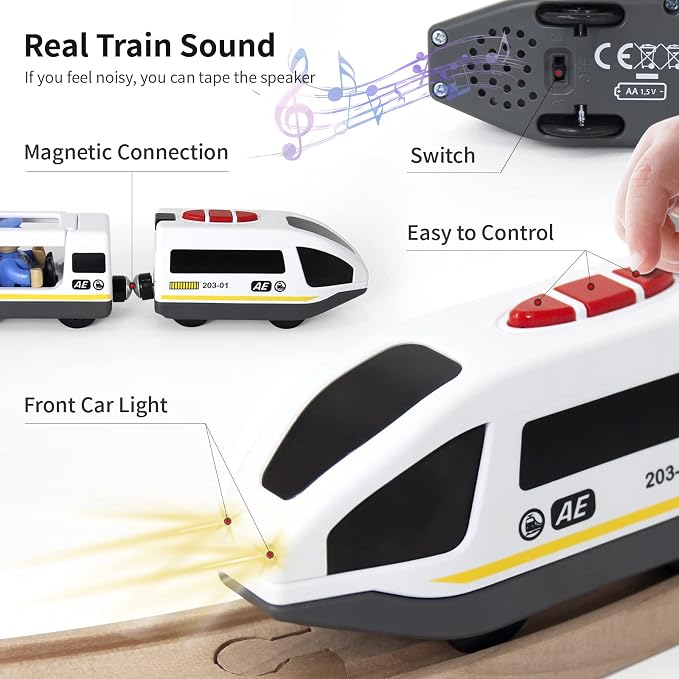 WOOD CITY Battery Operated Train for Wooden Track, Electric Locomotive Train Set with Powerful Engine Compatible with Thomas, Brio, Chuggington, Bullet Car Toys for Toddlers 3 4 5 Year Olds