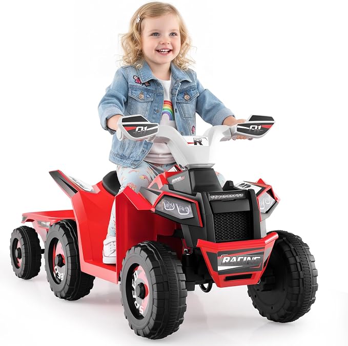OLAKIDS 6V Kids ATV with Removable Trailer, Forward Backward Function, Widened & Wear-Resistant Wheels, Ride On Toy for Toddlers (Red)