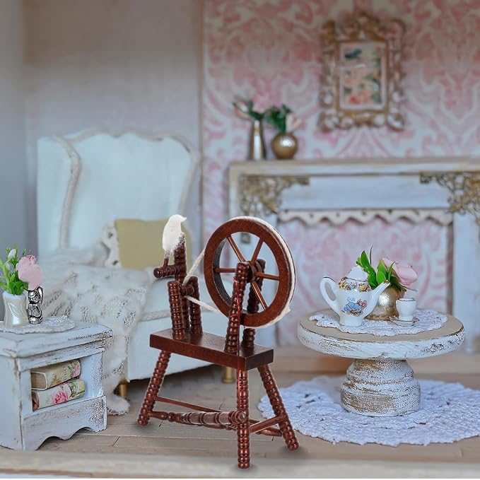 Toyvian Dollhouse Wooden Spinning Wheel, 1:12 Scale Vintage Miniature Hand Reeling Machine Furniture Tiny Toy House Accessory for Fairy Garden Kids Playhouse