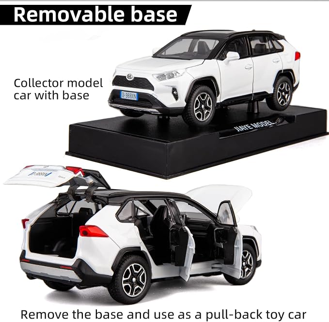 WAKAKAC Model Car 1/32 RAV4 Alloy Diecast Collectible Toy Car with Light and Sound Toy Vehicle Door Can Be Opened for Boys Kids Toddler Gift (White)