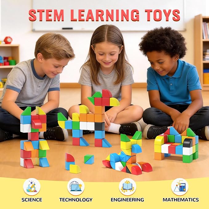 Hiwawind 56 PCS Magnetic Blocks, 1-Inch Isosceles Triangles & Quarter Circles, Montessori STEM Sensory Toys for Kids Ages 3-6, Christmas & Birthday Gift for Boys Girls