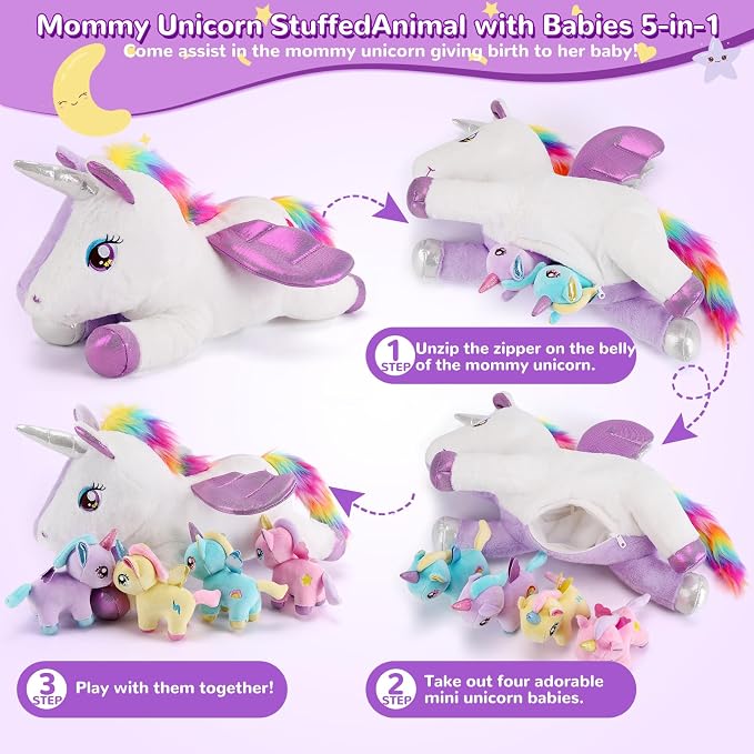 gnomantic Unicorn Stuffed Animals with Babies Inside, Mommy Toy for Kids | 5-Piece set: 1 mommy unicorn + 4 baby unicorns inside. Unzip belly to reveal surprise babies. Ultra-soft, ages 3-8.