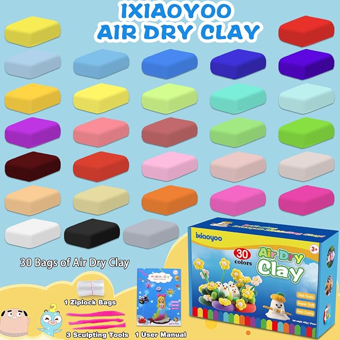 Ixiaoyoo Air Dry Clay, 30 Colors Modeling Clay for Kids, DIY Model Crafts Toys with Sculpting Tools, Soft & Non-Sticky, School Projects & Home Party Favors, Birthday Gifts for Boys and Girls Aged 3–12