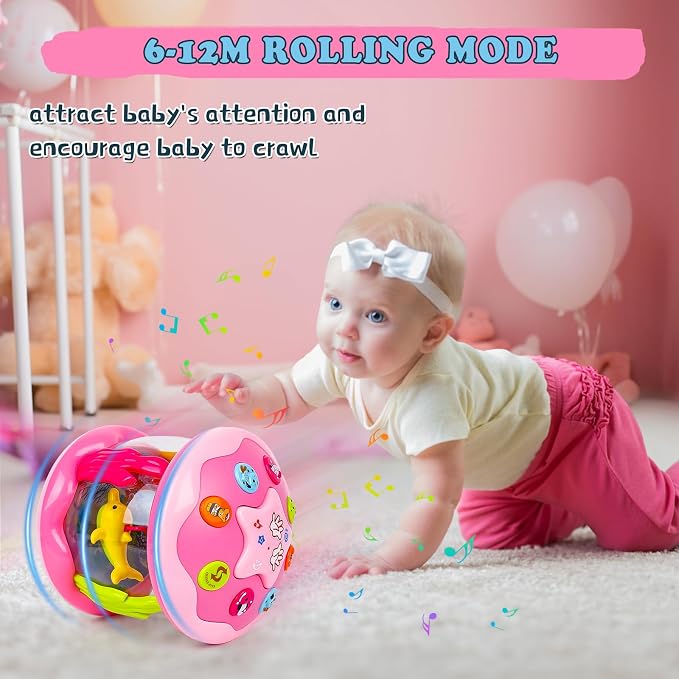 M SANMERSEN Baby Girl Toys 12 Months - Babies Ocean Rotating Projector Light Up Musical Toys for 12-18 Months Crawling Learning Tummy Time 1 2 Years Old Infant Boys Girls Pink
