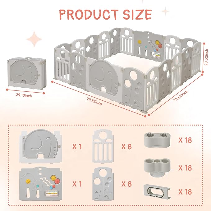 Baby Playpen, 18-Panel Foldable Play Pen for Babies and Toddlers, Indoor Outdoor Baby Fence with Sensory Play Panel, Adjustable Shape Activity Play Center, Portable & Easy Assemble