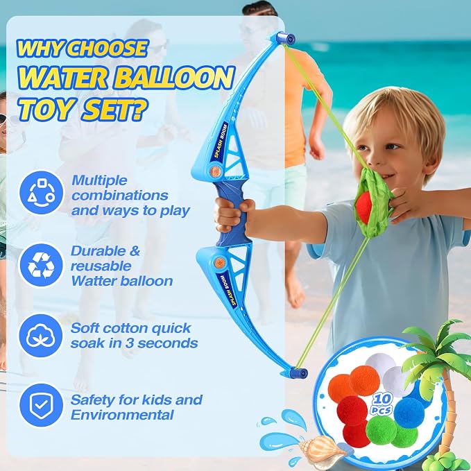 SUPER JOY Reusable Water Balloons Water Toys for Kids, Water Balloon Bow Launcher With 10 Reusable Water Balls for Outdoor Toys, Pool Beach Backyard Water Bomb Toy Summer Water Toy for Boys and Girls