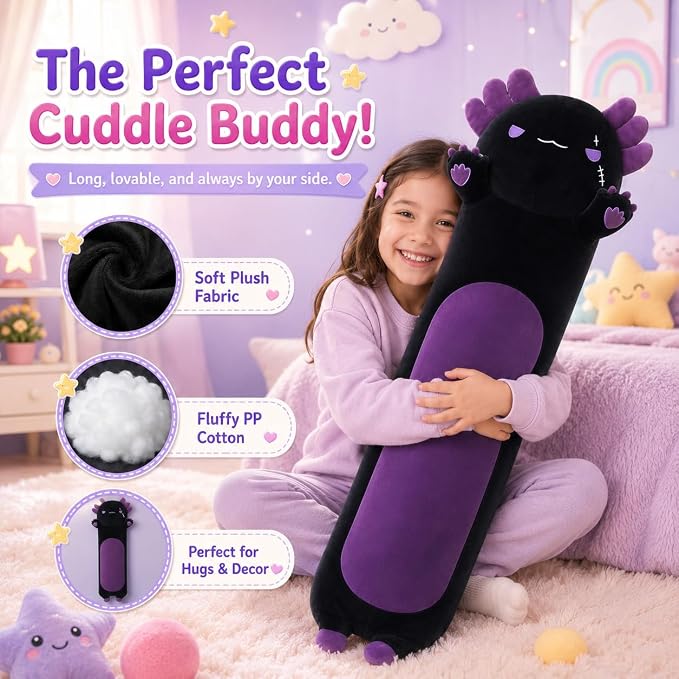 Long Axolotl Stuffed Animals 19.7 inch, Soft Long Axolotl Plush Pillow Cute Axolotl Plush Body Pillow Gifts for Kids Girlfriend, Black&Purple