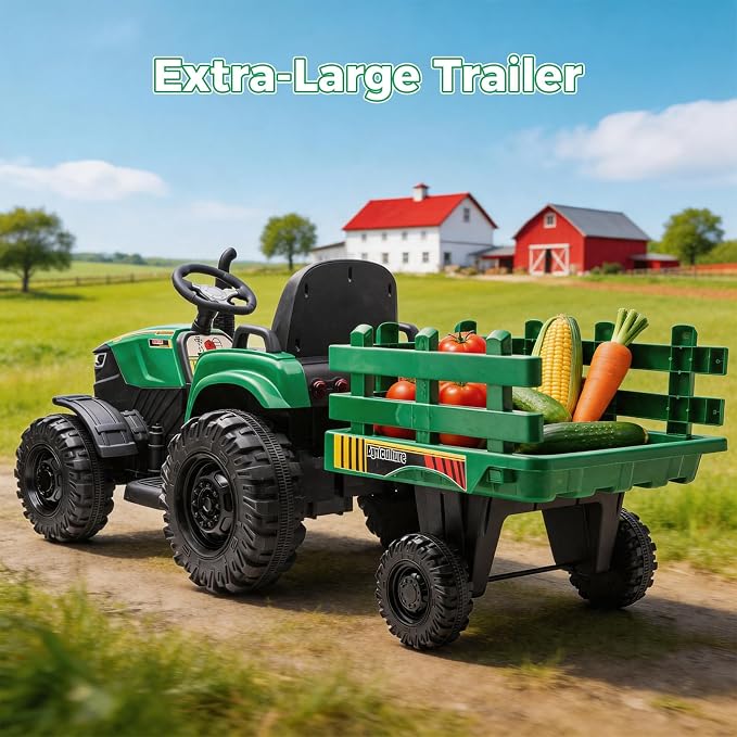 24V Kids Ride-On Tractor with Trailer, 400W Electric Farm Truck with Remote & Pedal Control, Headlights, USB MP3, Power Display, Adjustable Speeds, Safety Belt, Ride-On Toy Gift, Green
