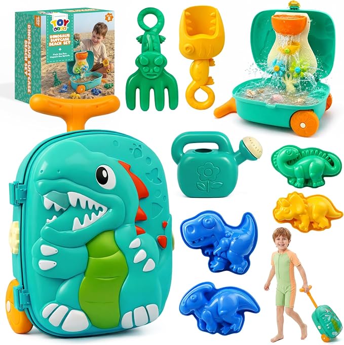TOY Life Dinosaur Suitcase Travel Sand Toy for Kids Beach Toy with Luggage with Wheels, Water Gear STEM Play Water Table, Shovels, Can, Sand Molds, Sandbox Beach Summer Toys for Toddlers Ages 3-8