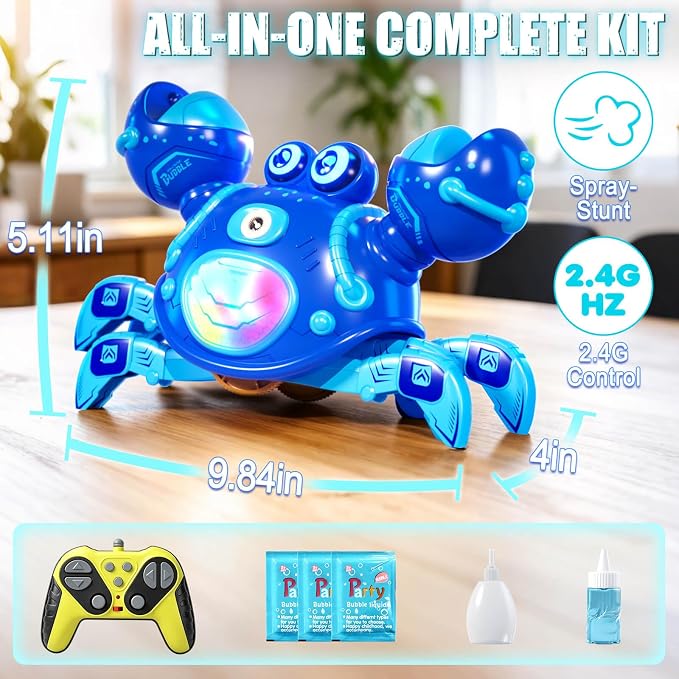 Gretex Crab Bubble Machine for Kids 3-6 Year Old: Remote Control Bubble Machine With Mist Spray Led Lights Music, AutoWalking Bubble Toy, Bubble Maker for Toddler Boys Girls Indoor Outdoor Party, Blue
