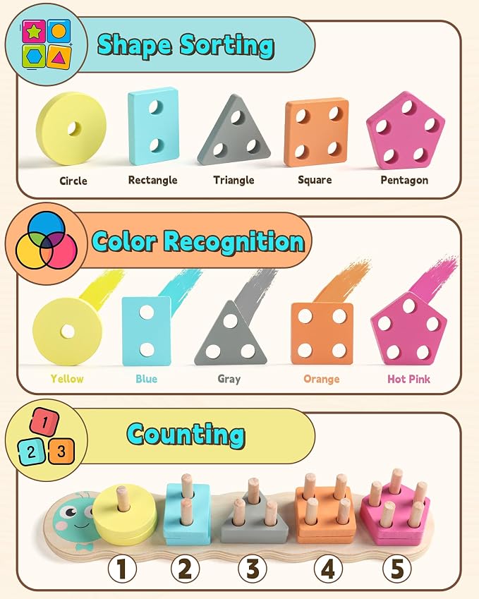 Zeewoo Montessori Toys for 1 2 Year Old Girl Gifts Educational for 1-3 Year Old Caterpillar Wooden Shape Sorter Stacking Toys for Toddlers 2-4 Preschool Learning Toy Birthday Boy Girl Gift