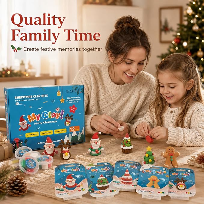 Air Dry Clay for Kids, 12 Christmas Modeling Clay DIY Model Magic Clay Kit with Tools&Tutorials, Soft&Non-Sticky, Safe&Non-Toxic, Creatible Art Crafts Toys Gifts for Kids,Christmas Crafts Xmas Gift