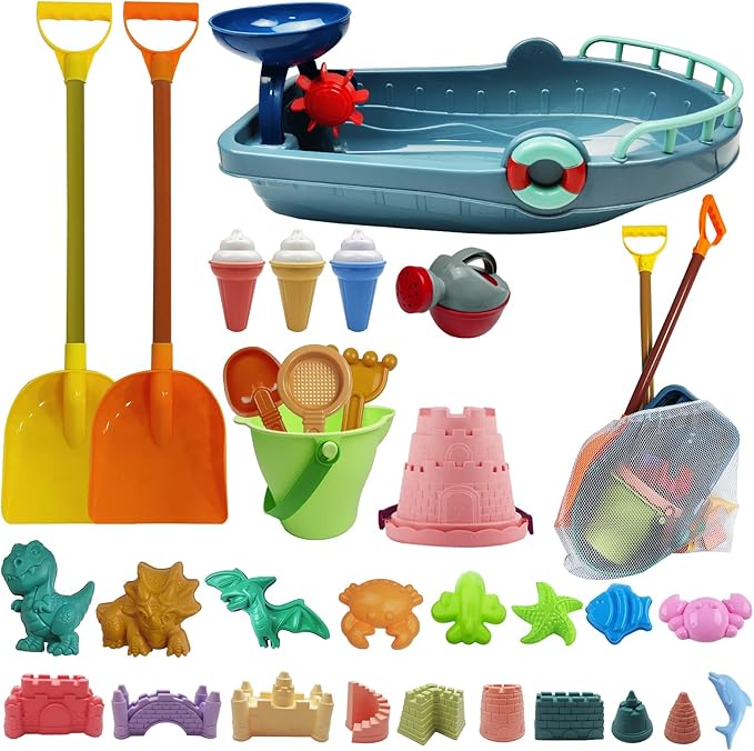 IOKUKI Long Shovels Sand Toys Set with Mesh Bag Including Bath Boat, Castle Building Kit Beach Buckets, Shovels, Rakes, Molds, Outdoor Beach Toys Tool Kit for Kids, Toddlers, Boys and Girls - 31 PCS