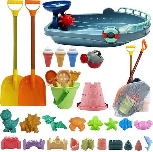 IOKUKI Long Shovels Sand Toys Set with Mesh Bag Including Bath Boat, Castle Building Kit Beach Buckets, Shovels, Rakes, Molds, Outdoor Beach Toys Tool Kit for Kids, Toddlers, Boys and Girls - 31 PCS