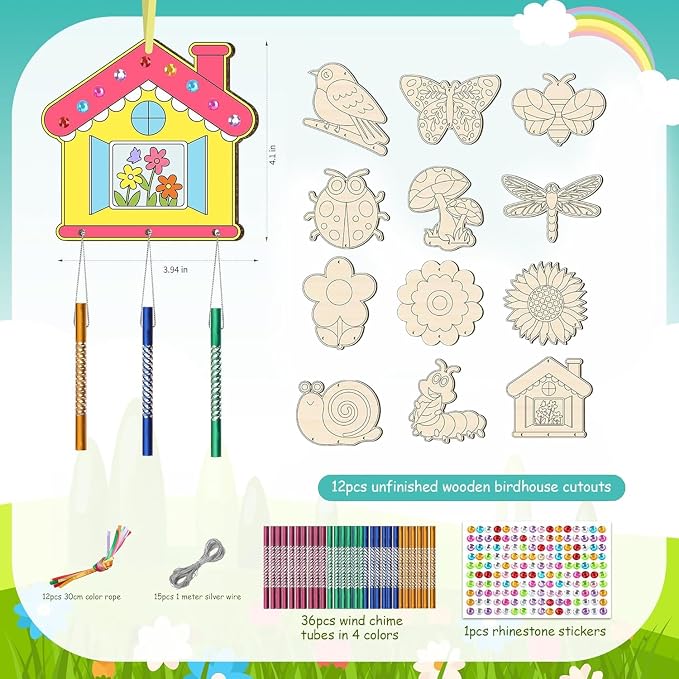 12 Pack Wind Chime Kit for Kids Make Your Own Wind Chime DIY Wood Arts and Crafts Decorative Coloring Wooden Hanging Ornaments for Girls Boys Home School Activity Party Supplies(Spring Flower Animal)