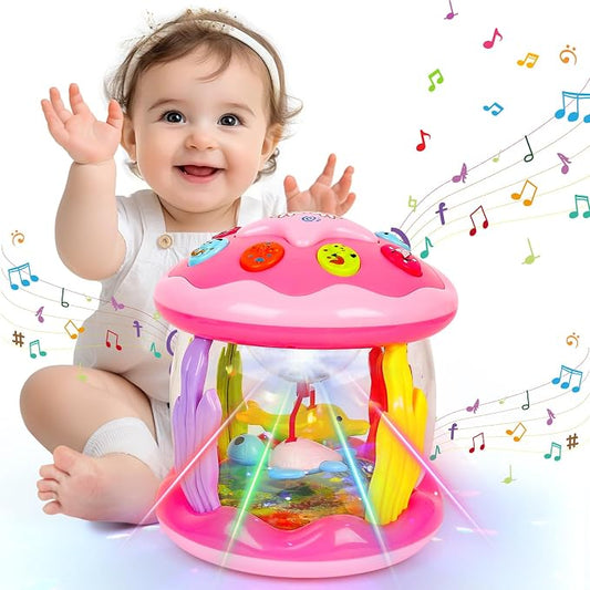 M SANMERSEN Baby Girl Toys 12 Months - Babies Ocean Rotating Projector Light Up Musical Toys for 12-18 Months Crawling Learning Tummy Time 1 2 Years Old Infant Boys Girls Pink