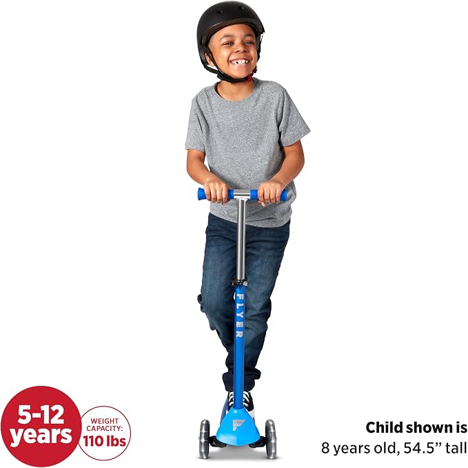 Radio Flyer Glider Pro Scooter with Light Up Wheels, Blue, for Kids 5-12 Years Old, Lean-to-Steer, Adjustable Handlebar, Rear Foot Brake, Smooth Bearings, Flexible Deck, 3 Wheel Scooter for Kids