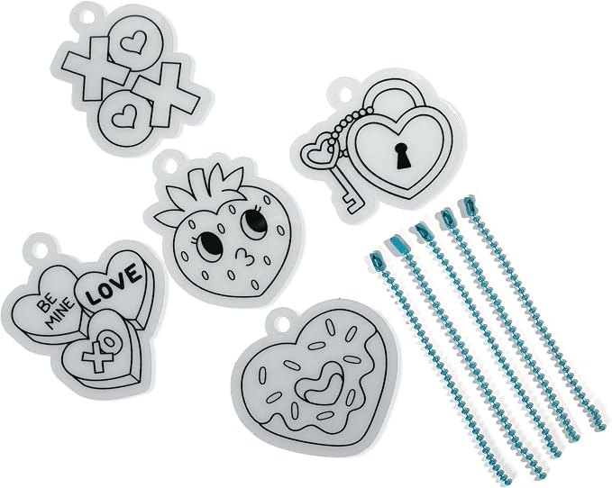 Ooly Mini Shrink-Its DIY Shrink Art Kit – 5 Pre-Cut Shrinking Plastic Charms and 5 Ball Chains, Hugs and Kisses, 10 Pc Set
