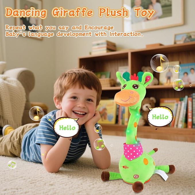 LUKETURE Dancing Talking Singing Green Giraffe Toy Stuffed Plush, Interactive Stuffed Animal Toy, Musical Giraffe Plush with Record & Repeat, Sings 10 Songs, LED Lights