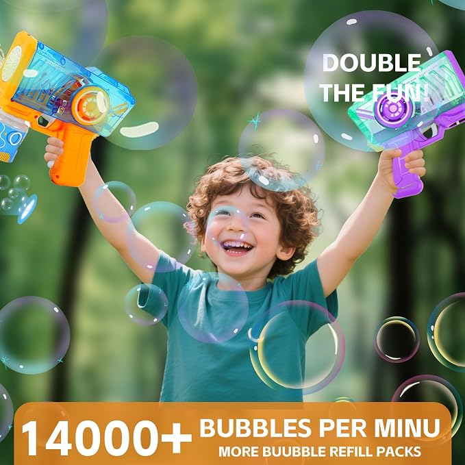 Bubble Machine Gun for Kids 2 Packs, with LED Lights & Solution,Suitable for Boys and Girls Aged 3 and up, Outdoor and Indoor Birthday and Wedding Party Toy, Gift(Yellow&Purple)