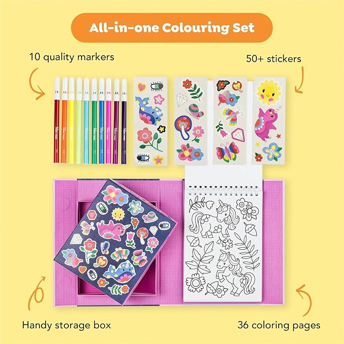 Tiger Tribe Coloring Set - Magical Creatures, Activity Set for Kids, incl. Stickers & Markers Portable Storage Box, Perfect for Travel, Great Gift