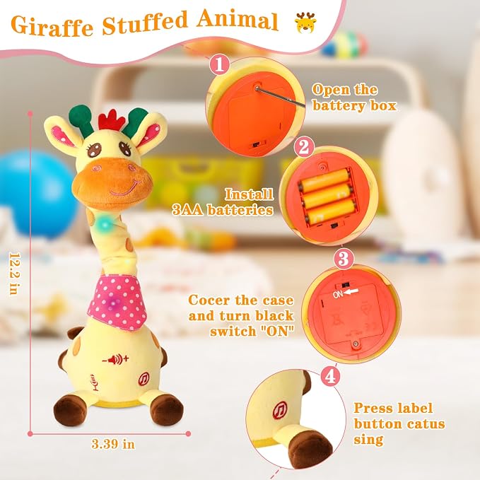 Dancing Talking Giraffe Toy, Stuffed Animal Baby Toy Repeating What You Say, Glowing Musical Giraffe Gifts for Toddlers 1-3 Years Old, for Kids (Giraffe)