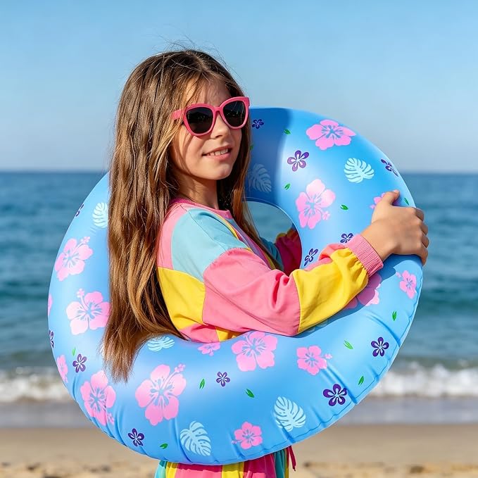 4-Pack Hawaiian Leaves & Flowers Pool Floats for Kids, 28 Inch Inflatable Swim Rings, Summer Beach Toys, Birthday & End-of-School Class Party Favors Decorations