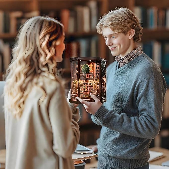Book Nook Kits for Adults Fantasy 3D Puzzle Library Booknook Kit with Dust Cover Wisdom Book Repository Round Bookshelf Decor Wooden DIY Spiral Staircase Miniature Dollhouse Book House
