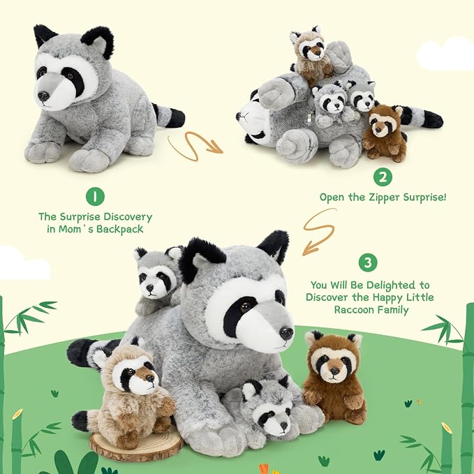 MaoGoLan 5pcs Raccoon Plush, 22 inch Large Mommy Raccoon Stuffed Animal with 4 Babies, Realistic Cute Stuffed Animal Toys for Boys Girls Kid, Christmas Birthday Gift
