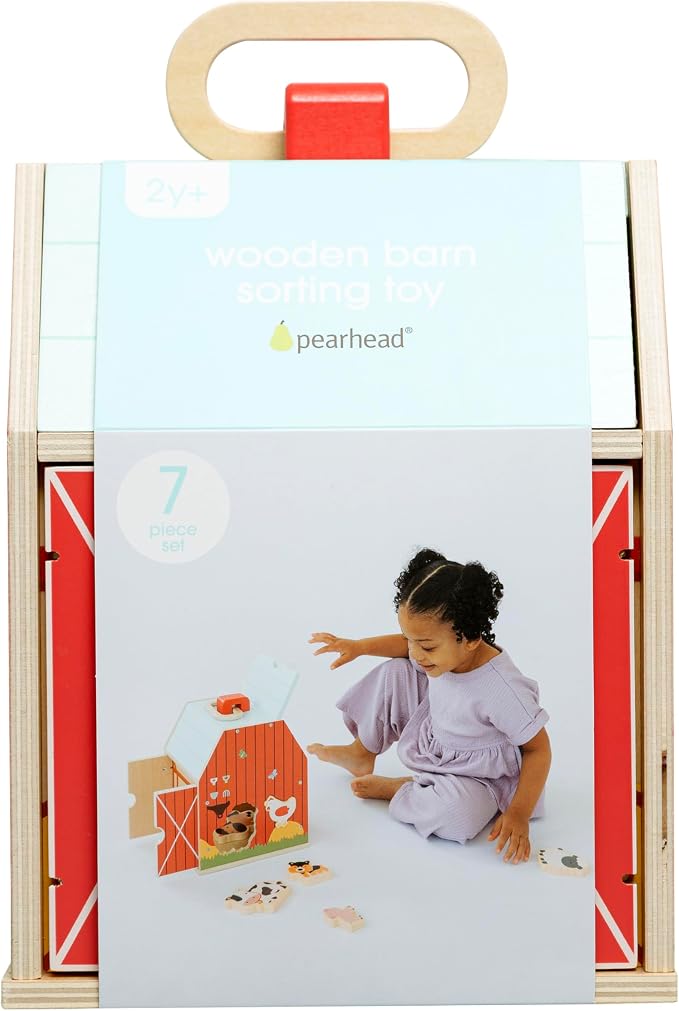 Pearhead Farm Animal Shape Sorter – Wooden Barn with 6 Chunky Animal Blocks, FSC-Certified, Flip-Up Roof & Carrying Handle, Montessori Pretend Play Toy for Boys and Girls, 2 3 4 Year Old