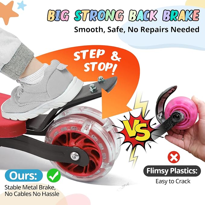 3 Wheel Kids Kick Scooter for Ages 3-12, Lean-to-Steer, Light-Up Wheels, 3-Level Adjustable Handlebar 27.5”-33”, Wide Non-Slip Deck, Dual Rear Brake,Travel Foldable, for Boys & Girls Toy Gifts