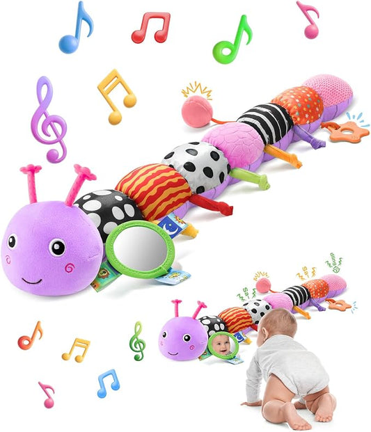 AWOTOY Baby Toys 6-12 Months Music Caterpillar,Stuffed Animals Infant Toys 0-3-6 Months,Teething Sensory Toys Tummy Time with Mirror Crinkle Rattle&Pull String for Boys Girls Gifts Birthday|Purple