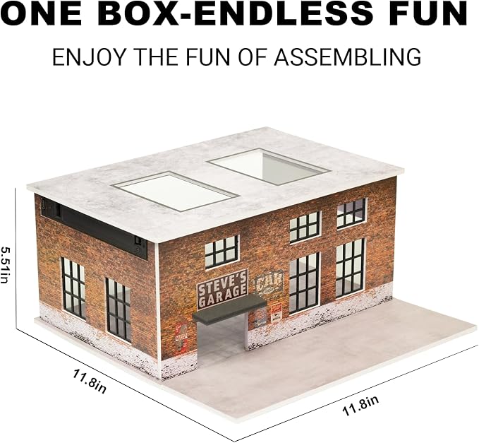1/64 Scale Display Case Car Garage Model, Factory Building Cover Diecast Diorama Box Decorative Miniature Scene with LED Light for Toy Car Display and Storage