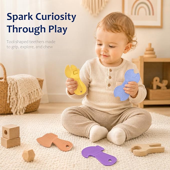 Baby Tool Teethers 4 Pack, Textured Sensory Teething Toys for Boys 0-6 Months, Wrench Screwdriver Hammer & Axe Silicone Chew Toys, Baby Shower Gifts for Newborn & Infants