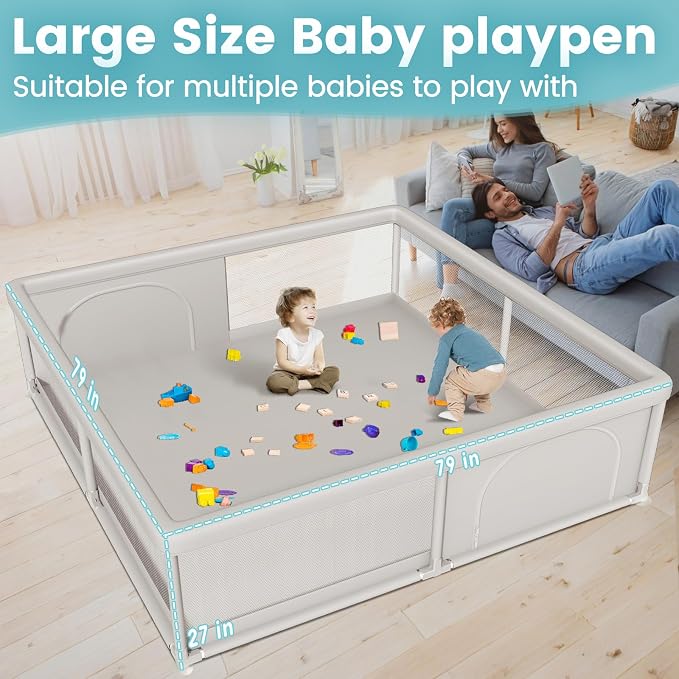 79x79 Inch Baby Playpen for Babies and Toddlers, Extra Large Play Yards for Indoor & Outdoor with Zipper Gates, Breathable Mesh with Anti-Slip Base