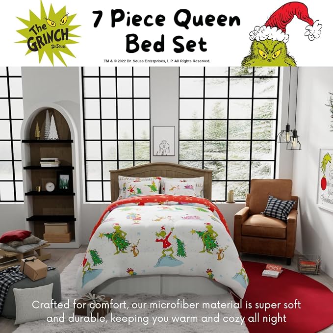 Grinch By Dr. Seuss Holiday & Christmas Bedding Super Soft Comforter and Sheet Set with Sham, 7 Piece Queen Size (Official Dr. Seuss Product) By Franco
