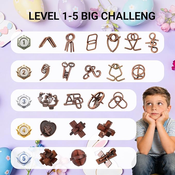 24 Pcs Brain Teaser Puzzles for Adults - Metal & Wooden 3D IQ Test Logic Game, Unlock Interlocking Brain Puzzle Toys for Teens Kids, Smart Educational Desk Toy for Mind Challenges