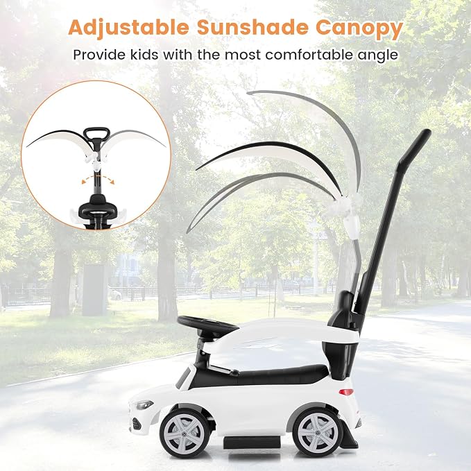 OLAKIDS Push Car for Toddlers, 3 in 1 Licensed Mercedes Benz Baby Sliding Walking with Parent Control Handle Adjustable Canopy Guardrail Under Seat Storage, Kids Ride on Toys with Horn (White)