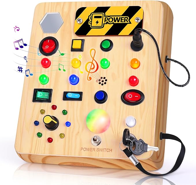 TINTECUSA Busy Board with LED Light, Wooden Sensory Toys for Toddler, Montessori Music Toy for Airplane, Travel Activity Educational Learning Autism Toys, Birthday Boys Girls Gifts